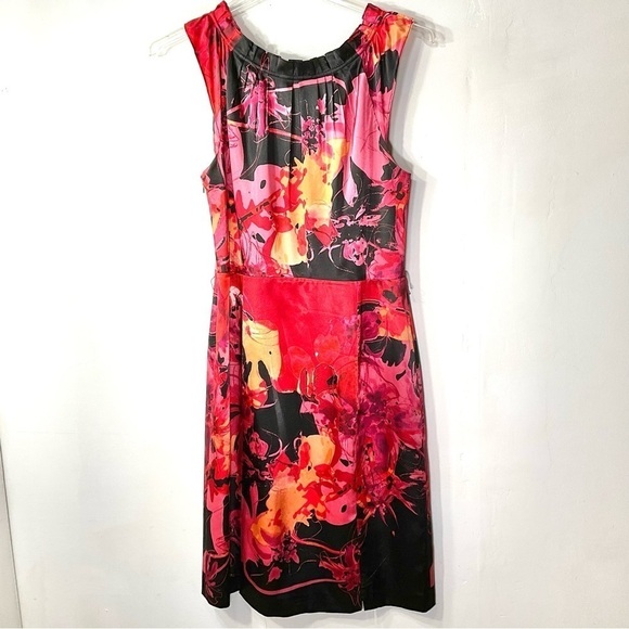 Tahari Dress Red Black Pink Satin Floral Ruffle Satin Size M - Picture 3 of 11